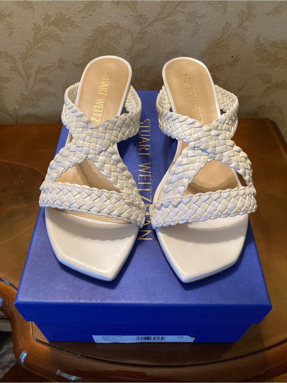 Stuart Weitzman White Braided Crossover Square-Toe Slide Mules